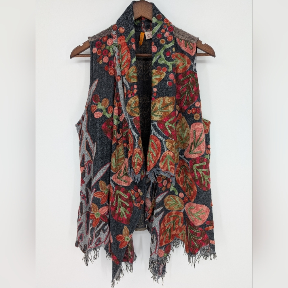 Anu India Artsy Embroidered 100% Wool Draped Open Front Vest Floral Fringed